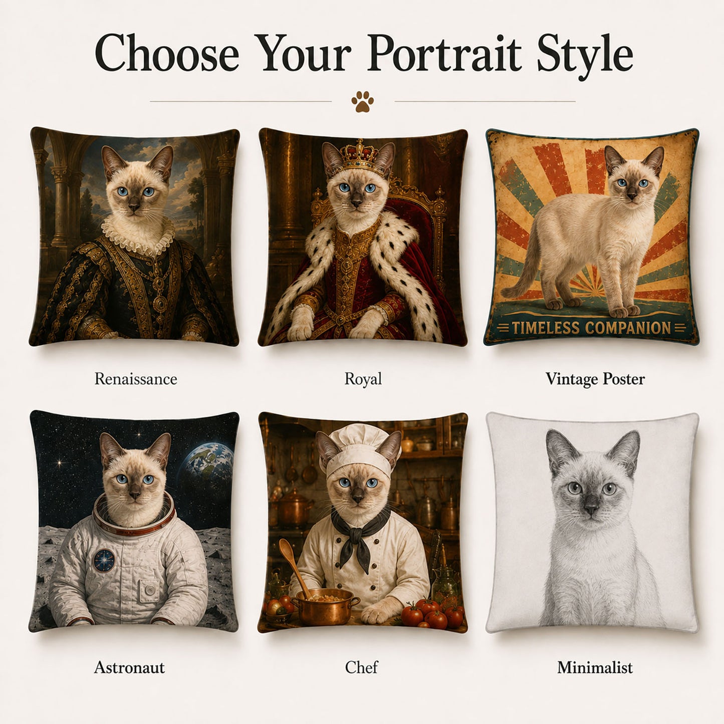 Bespoke pet portrait pillow cover styles including Renaissance, royal, vintage poster, astronaut, chef and minimalist custom artwork.
