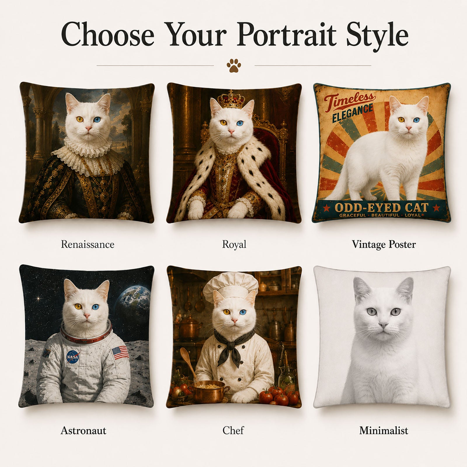 Custom cat portrait pillow cover style options including Renaissance, royal, vintage poster, astronaut, chef and minimalist pet artwork.