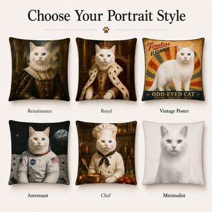 Custom cat portrait pillow cover style options including Renaissance, royal, vintage poster, astronaut, chef and minimalist pet artwork.
