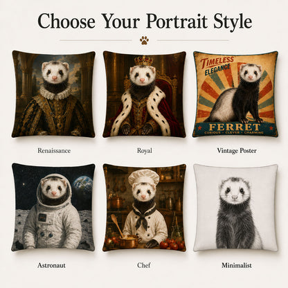 Custom ferret portrait pillow cover style options including Renaissance, royal, vintage, astronaut, chef and minimalist art