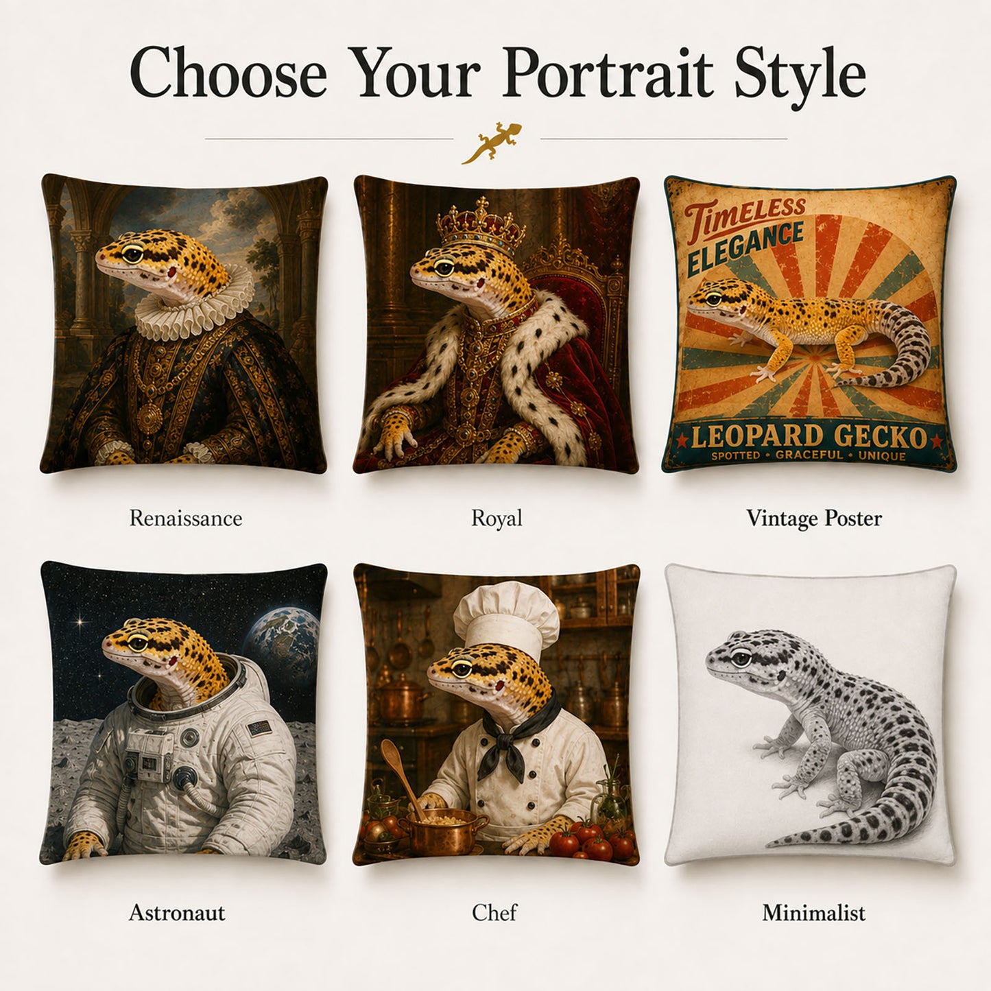 Custom leopard gecko portrait pillow cover style options including Renaissance, royal, vintage poster, astronaut, chef and minimalist designs