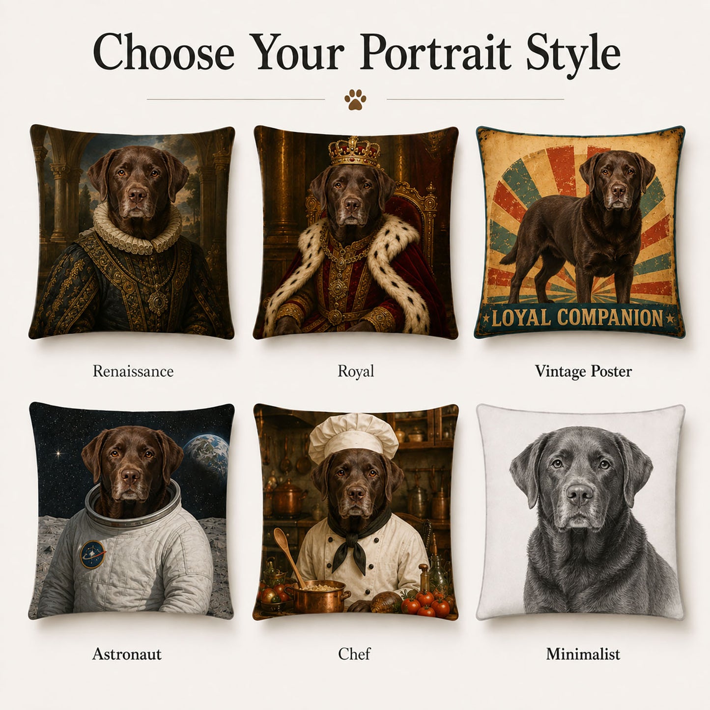 Custom pet portrait pillow cover style options including Renaissance, royal, vintage poster, astronaut, chef and minimalist artwork