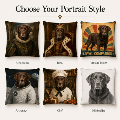Custom pet portrait pillow cover style options including Renaissance, royal, vintage poster, astronaut, chef and minimalist artwork