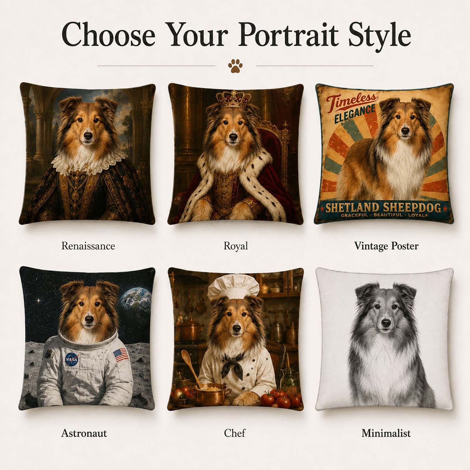 Custom pet portrait pillow cover styles including Renaissance, royal, vintage poster, astronaut, chef and minimalist artwork.