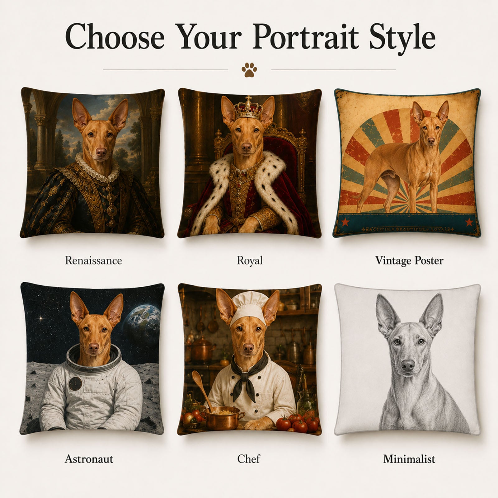 Custom pet portrait pillow cover styles including Renaissance, royal, vintage poster, astronaut, chef and minimalist artwork.