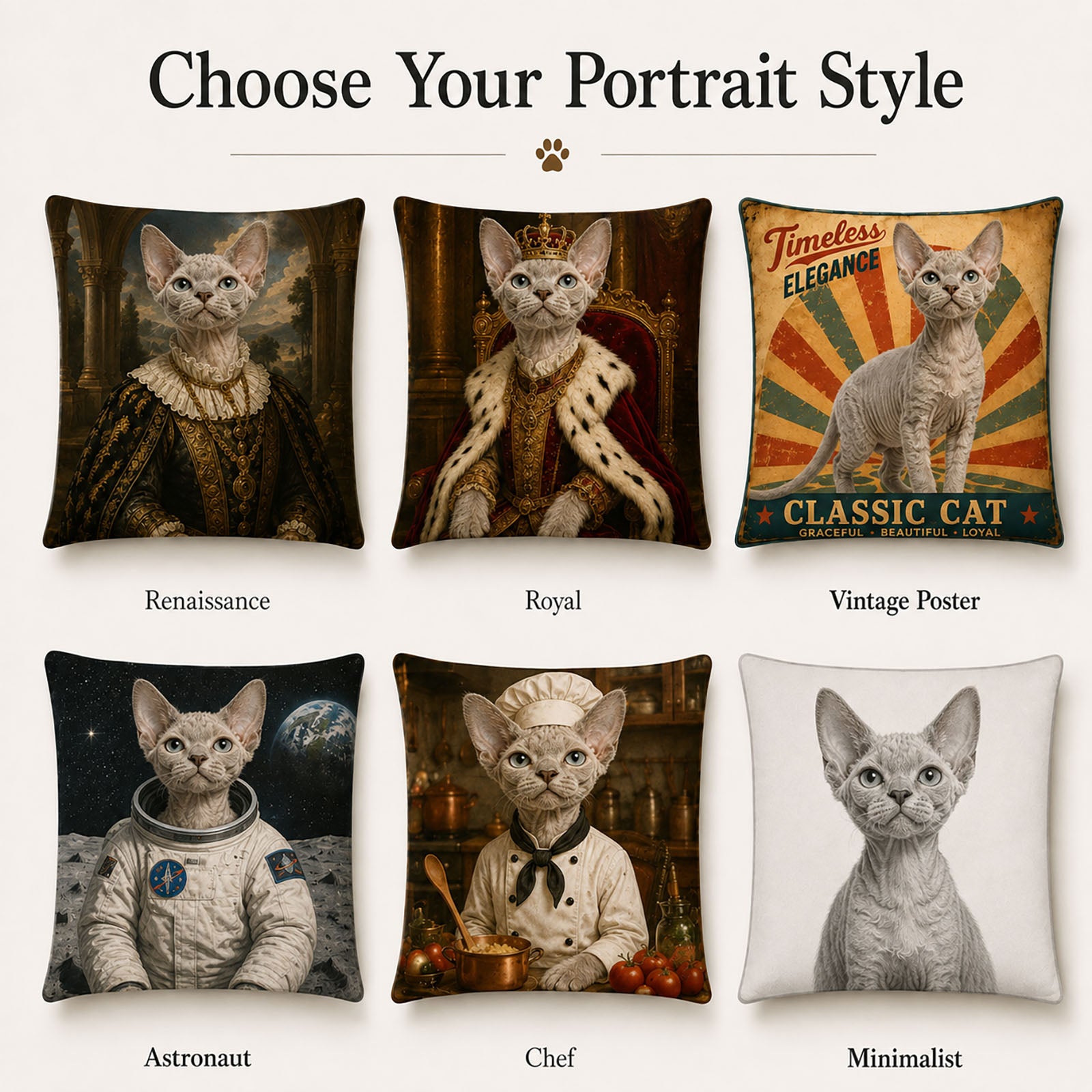 Personalized pet portrait pillow cover styles including Renaissance, royal, vintage poster, astronaut, chef and minimalist artwork