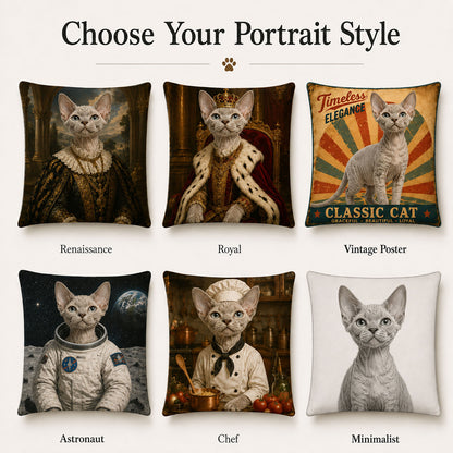 Personalized pet portrait pillow cover styles including Renaissance, royal, vintage poster, astronaut, chef and minimalist artwork