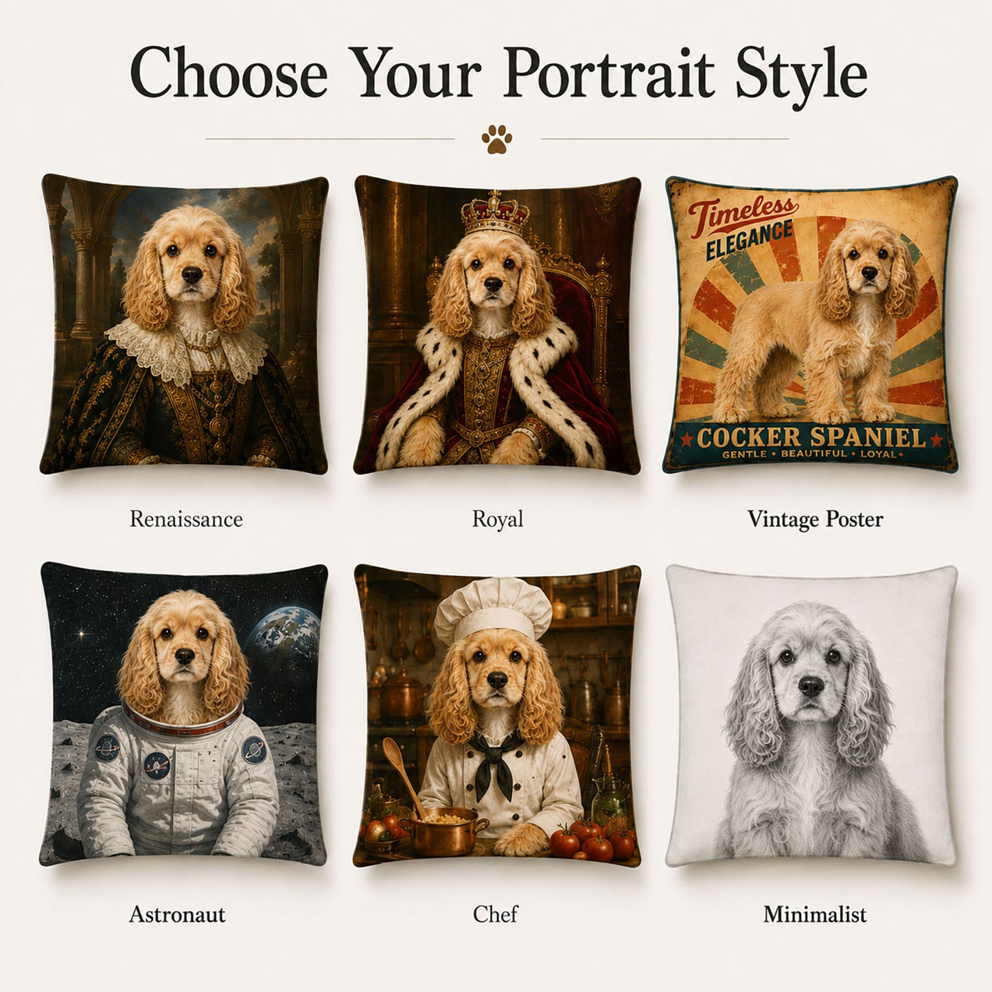 Personalized pet portrait pillow cover styles including Renaissance, royal, vintage poster, astronaut, chef and minimalist artwork