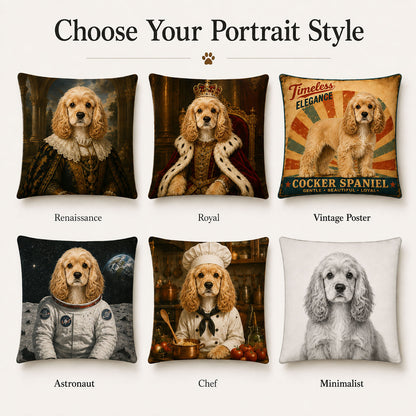 Personalized pet portrait pillow cover styles including Renaissance, royal, vintage poster, astronaut, chef and minimalist artwork