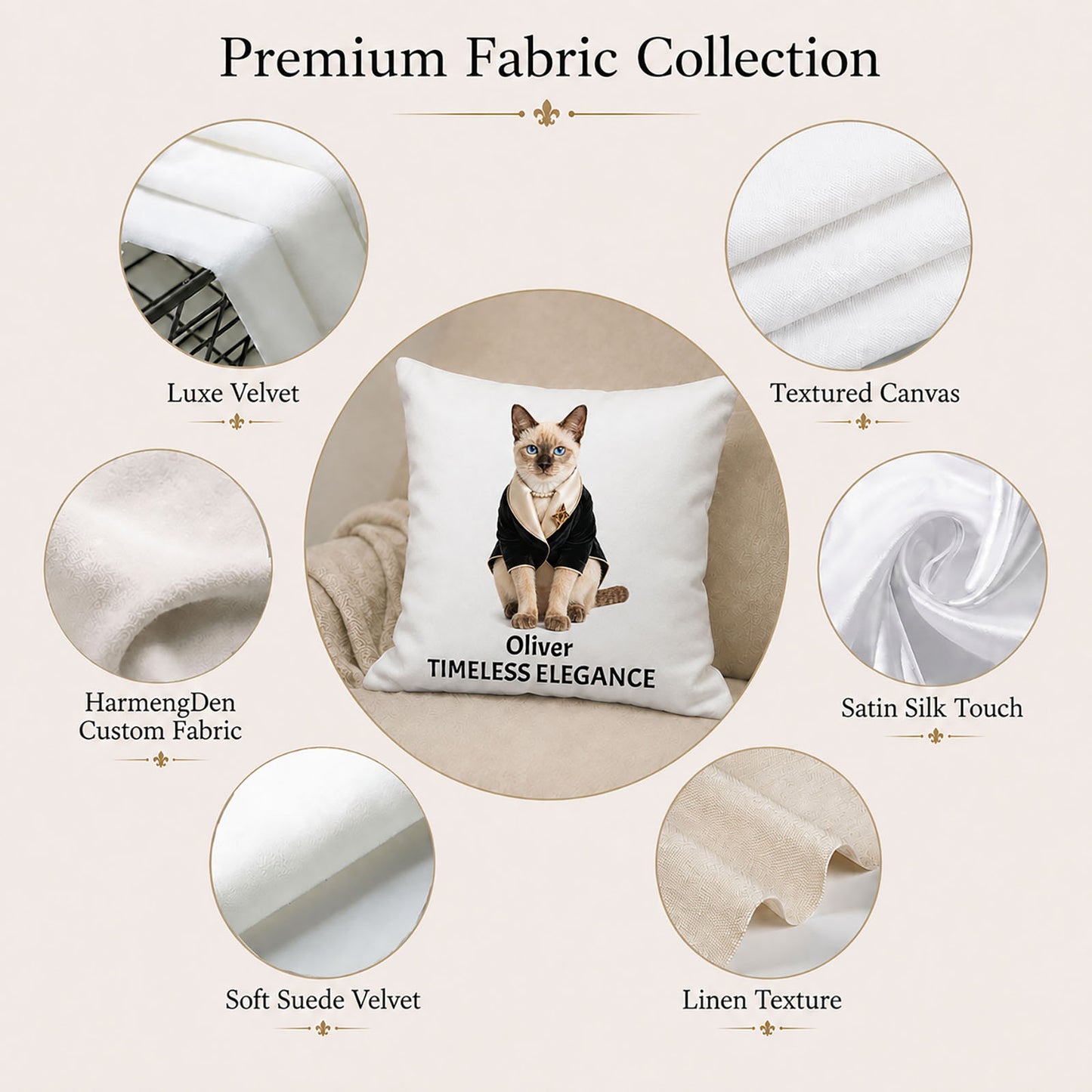 Curated fabrics for a made-to-order pet portrait pillow cover, including luxe velvet, textured canvas, satin, suede velvet and linen texture.