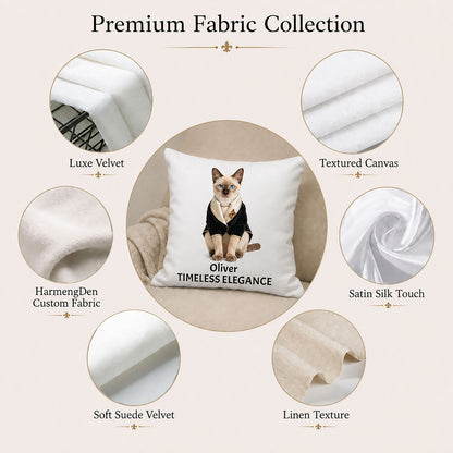 Curated fabrics for a made-to-order pet portrait pillow cover, including luxe velvet, textured canvas, satin, suede velvet and linen texture.