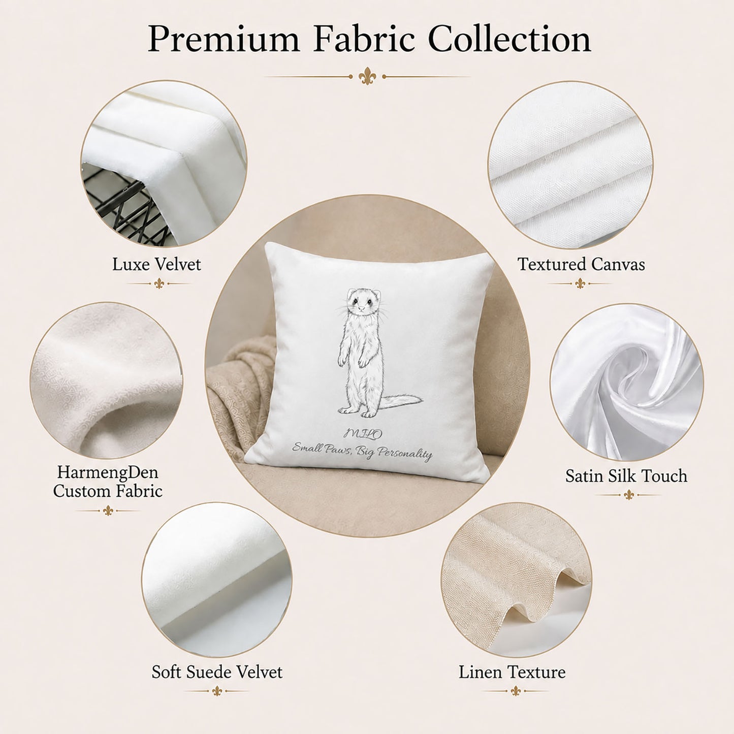 Personalized ferret pillow cover with luxe velvet, canvas, satin, suede velvet, linen texture and custom fabric options