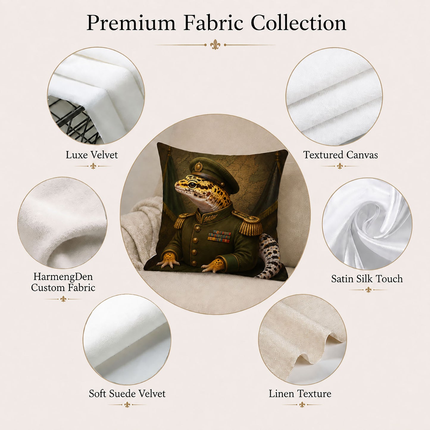 Premium fabric options for a custom leopard gecko portrait pillow cover including velvet, canvas, satin, suede and linen textures