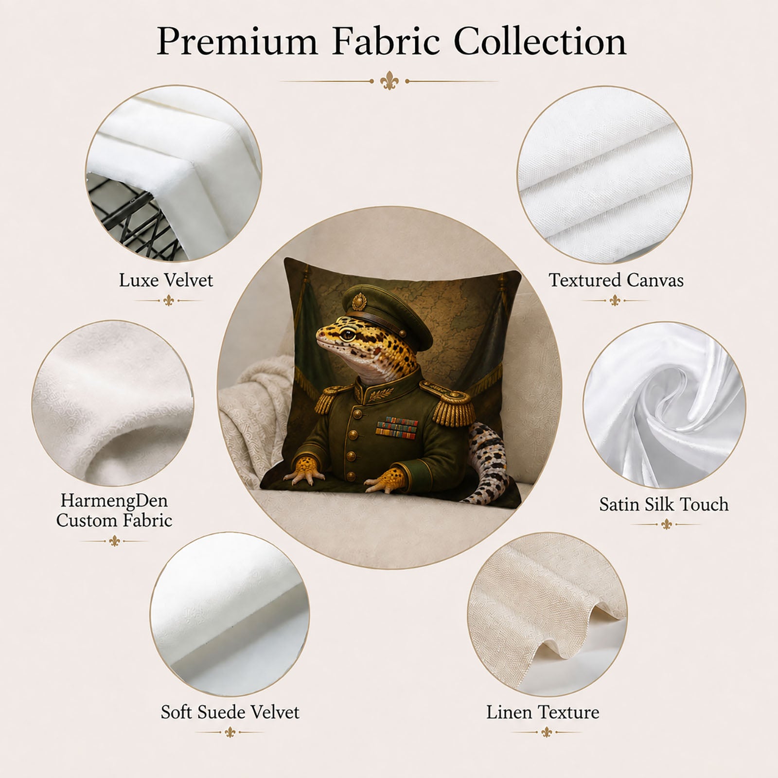 Premium fabric options for a custom leopard gecko portrait pillow cover including velvet, canvas, satin, suede and linen textures