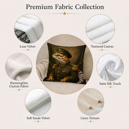 Premium fabric options for a custom leopard gecko portrait pillow cover including velvet, canvas, satin, suede and linen textures