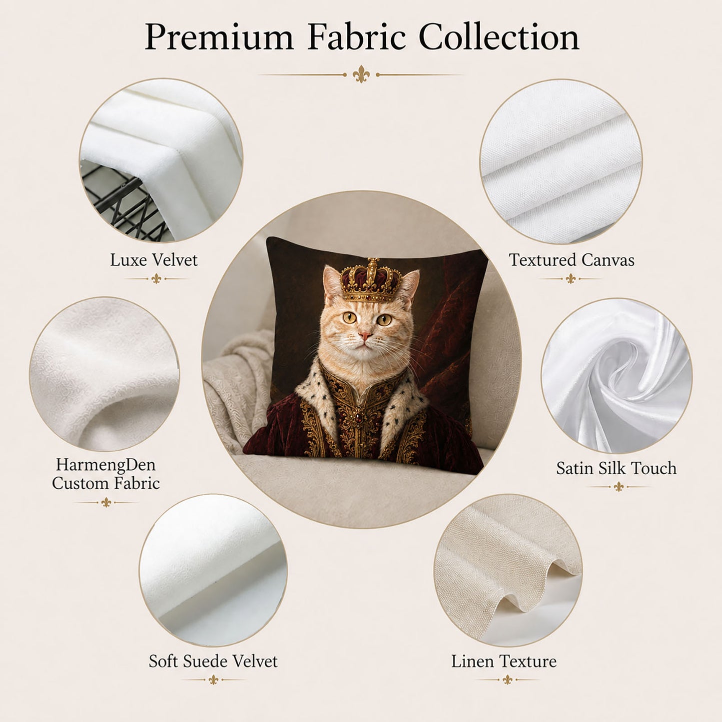 Premium fabric options for a custom royal cat portrait pillow cover