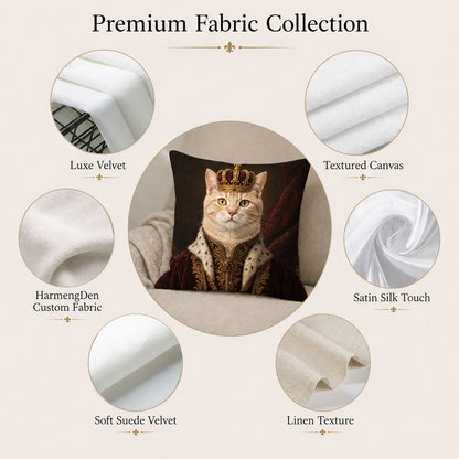 Premium fabric options for a custom royal cat portrait pillow cover
