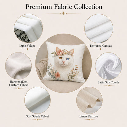 Premium fabric options for a personalized cat portrait pillow cover, including Luxe Velvet, Textured Canvas, Satin Silk Touch, Soft Suede Velvet and Linen Texture.