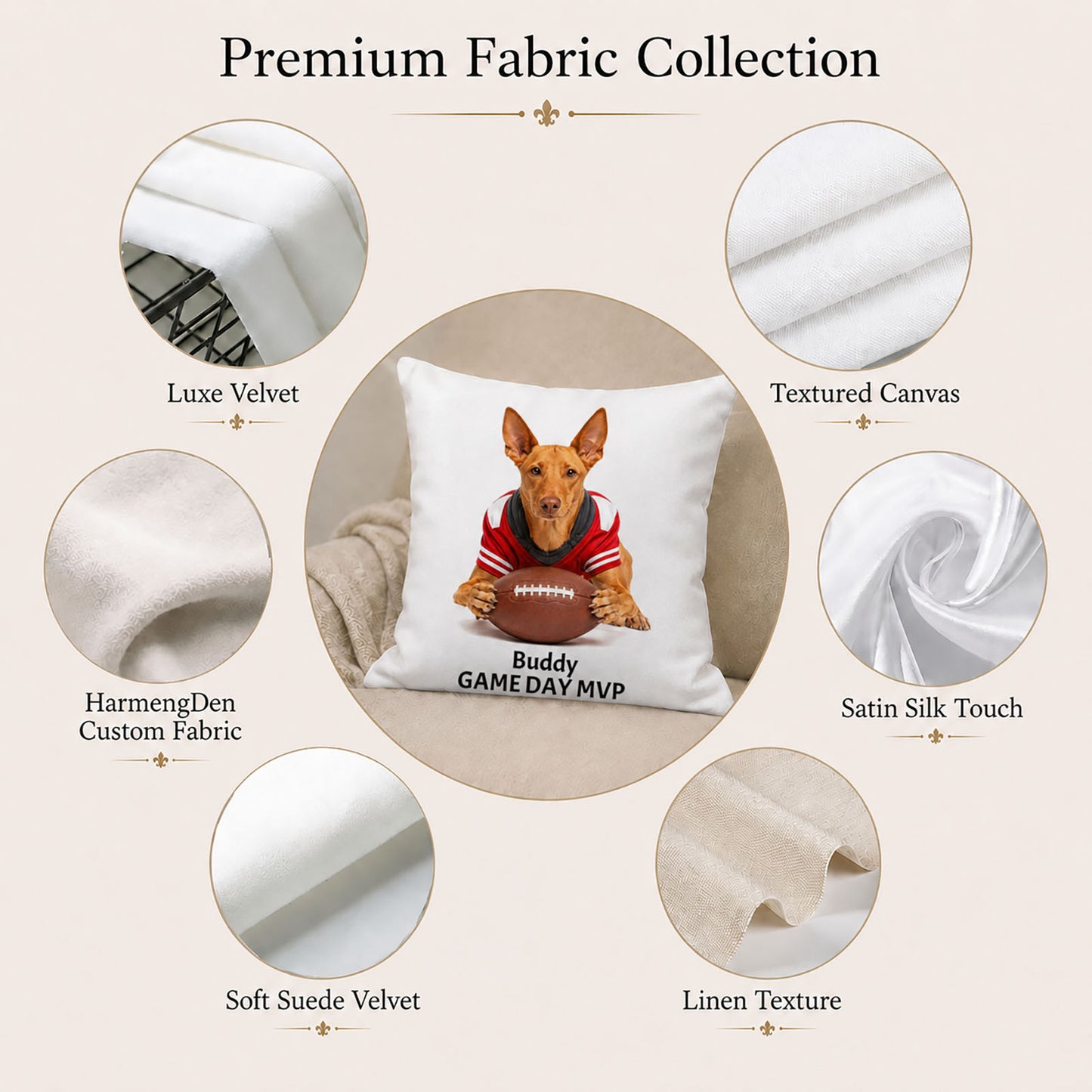 Premium fabric options for a bespoke pet portrait pillow cover, including velvet, canvas, satin, suede velvet and linen texture.
