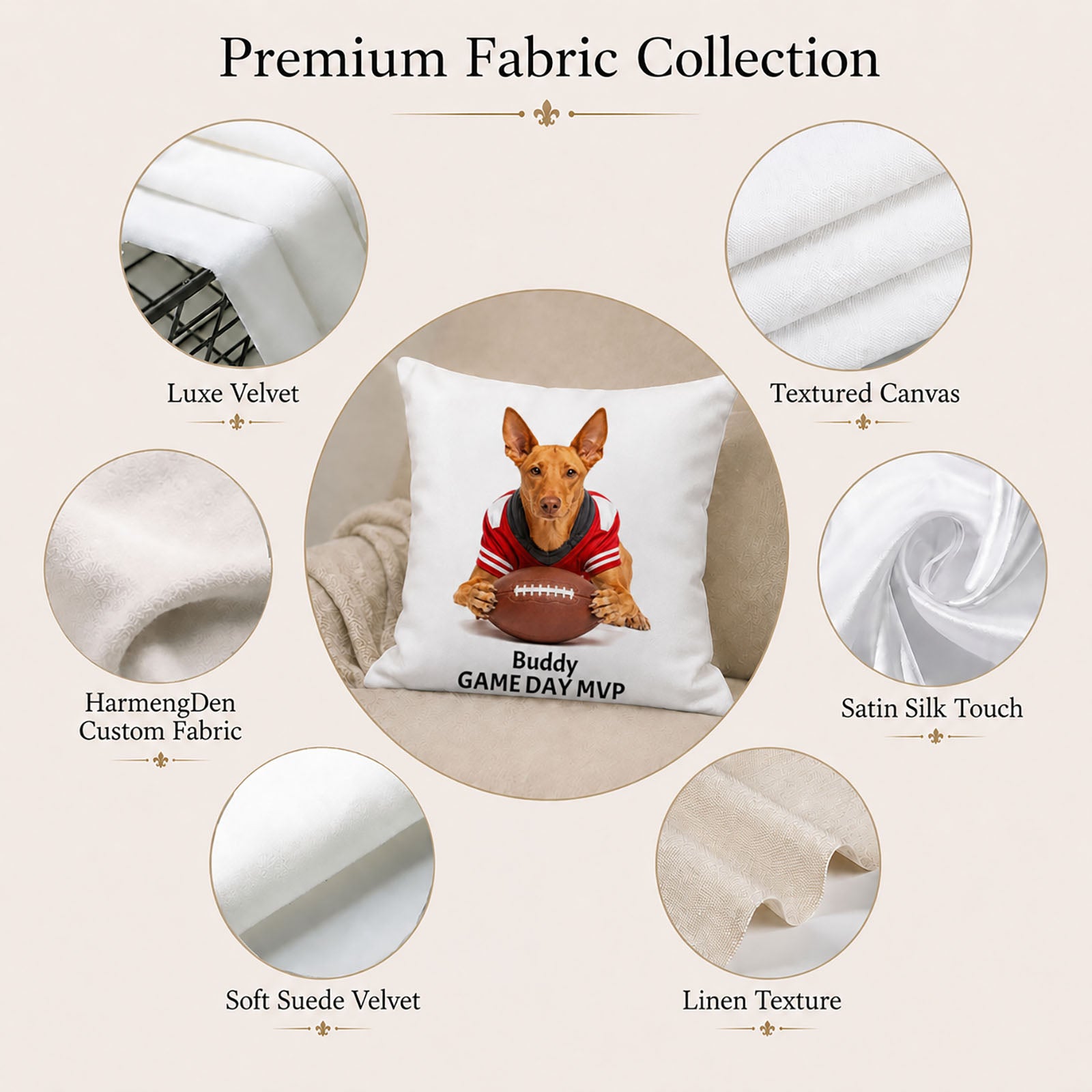Premium fabric options for a bespoke pet portrait pillow cover, including velvet, canvas, satin, suede velvet and linen texture.