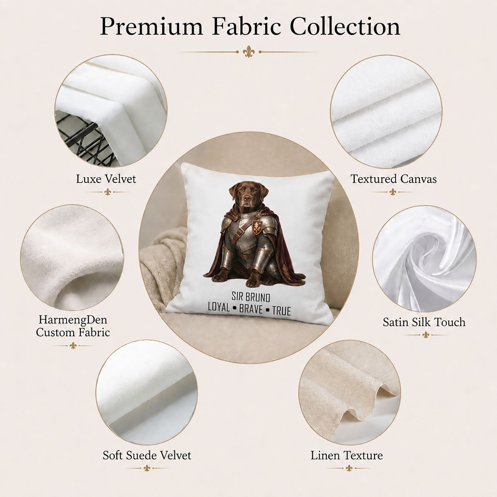 Premium fabric options for a bespoke pet portrait pillow cover, including velvet, canvas, satin, suede velvet and linen texture