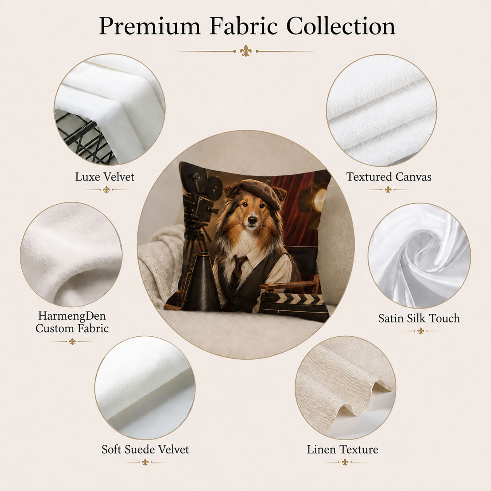 Premium fabric options for personalized pet portrait pillow covers, including velvet, canvas, satin, suede, linen and custom-sourced fabric.