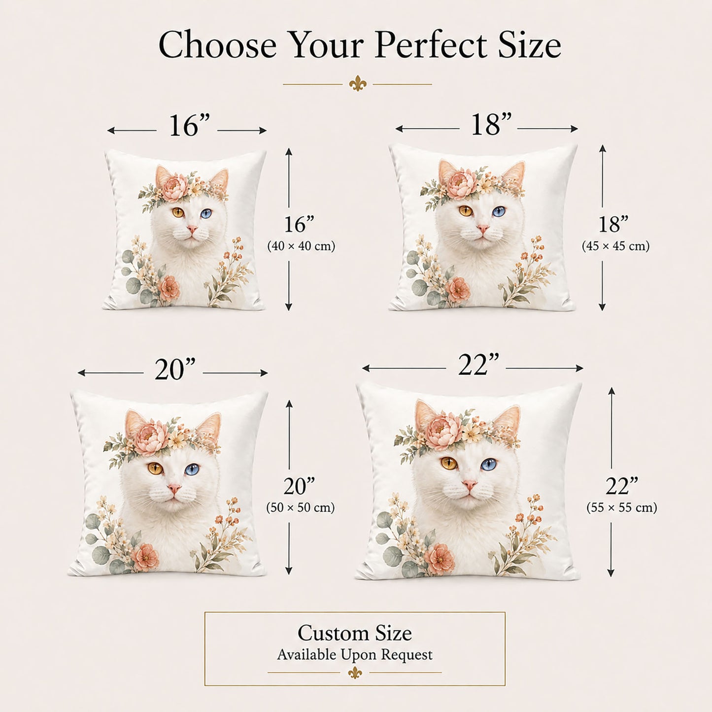 Made-to-order cat portrait pillow cover sizes in 16, 18, 20 and 22 inches, with bespoke custom sizing available upon request.