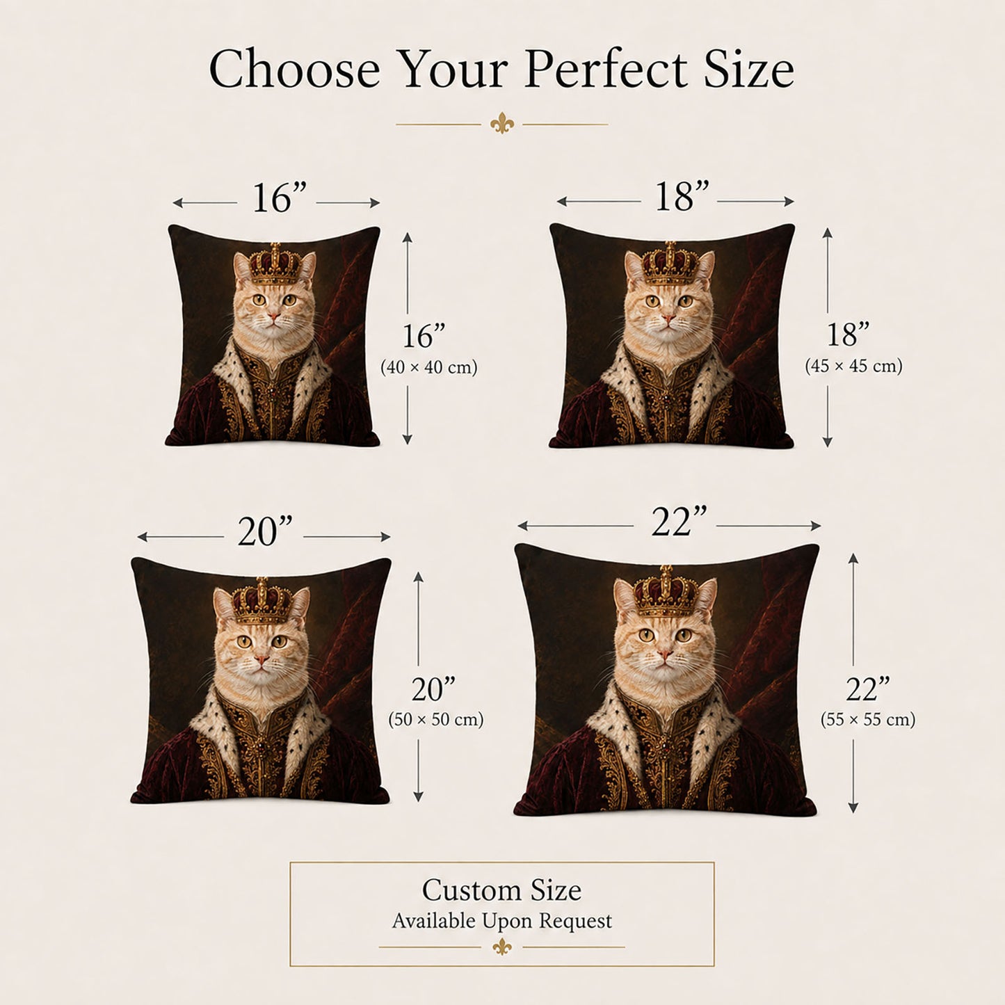 Custom royal cat portrait pillow covers in 16, 18, 20 and 22 inch sizes