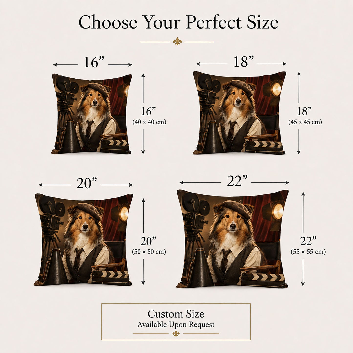 Made-to-order pet portrait pillow covers in 16, 18, 20 and 22 inch sizes, with bespoke custom sizing available upon request.