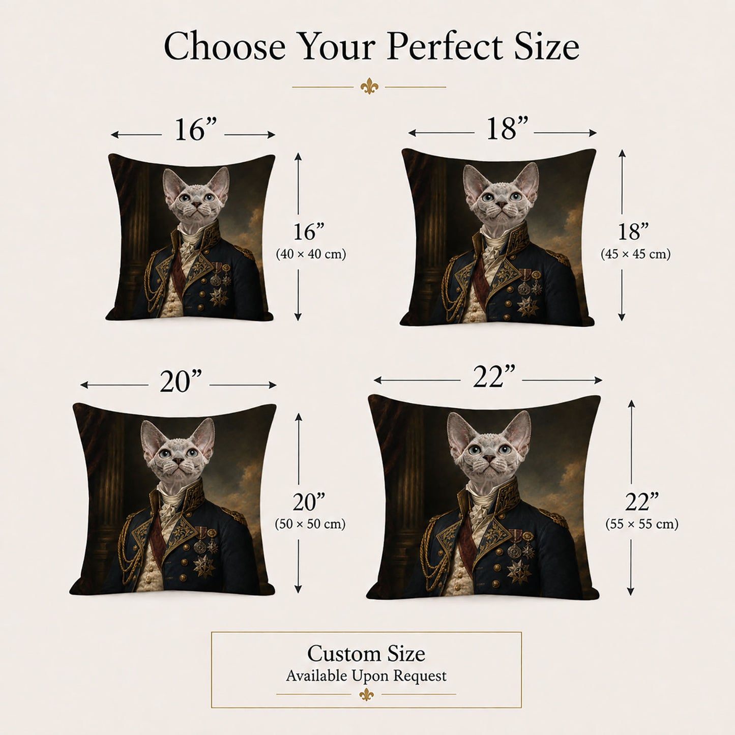 Customized Victorian pet portrait pillow covers in 16, 18, 20 and 22 inch sizes with bespoke sizing available upon request