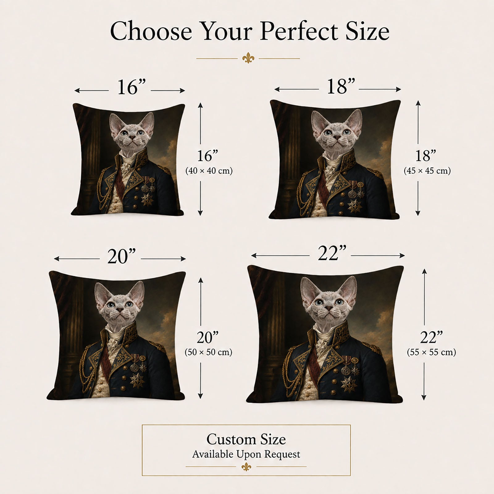 Customized Victorian pet portrait pillow covers in 16, 18, 20 and 22 inch sizes with bespoke sizing available upon request