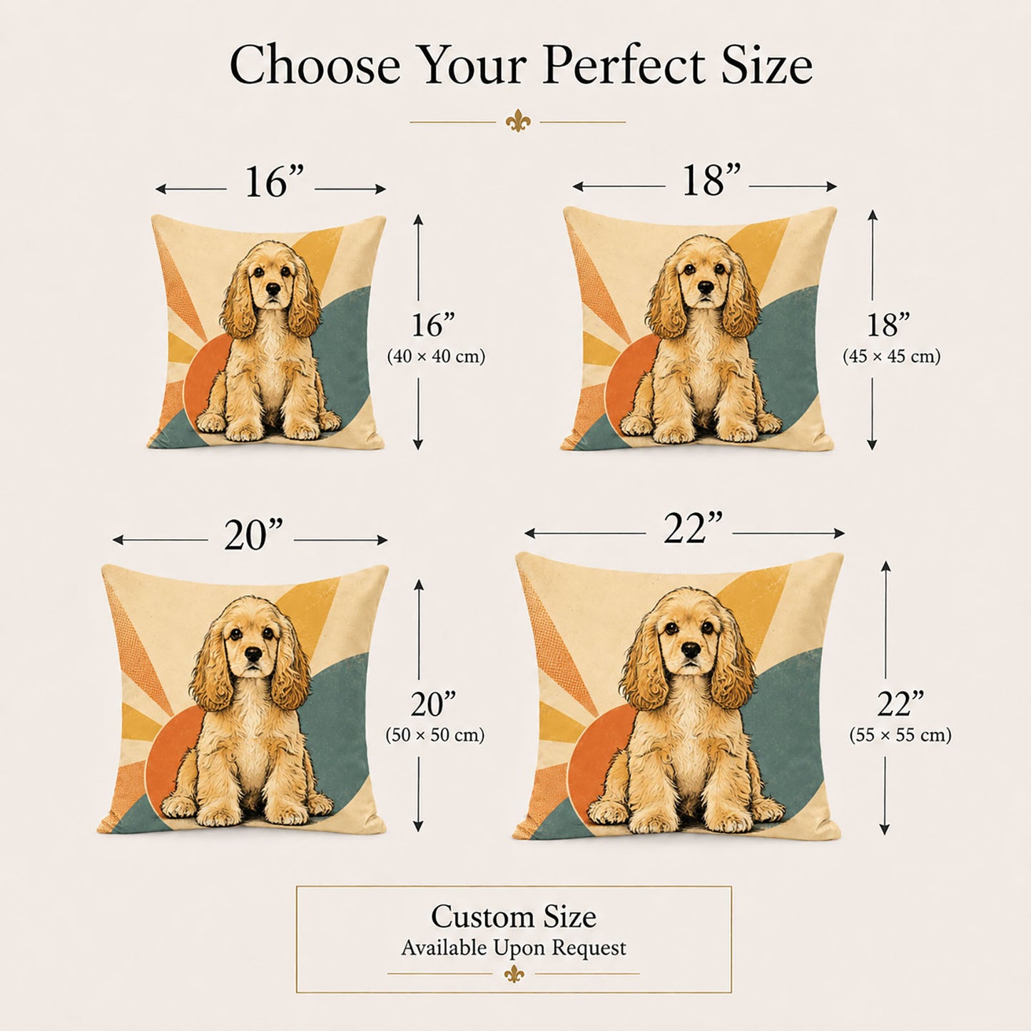 Customized vintage pet portrait pillow covers in 16, 18, 20 and 22 inch sizes with bespoke sizing available upon request