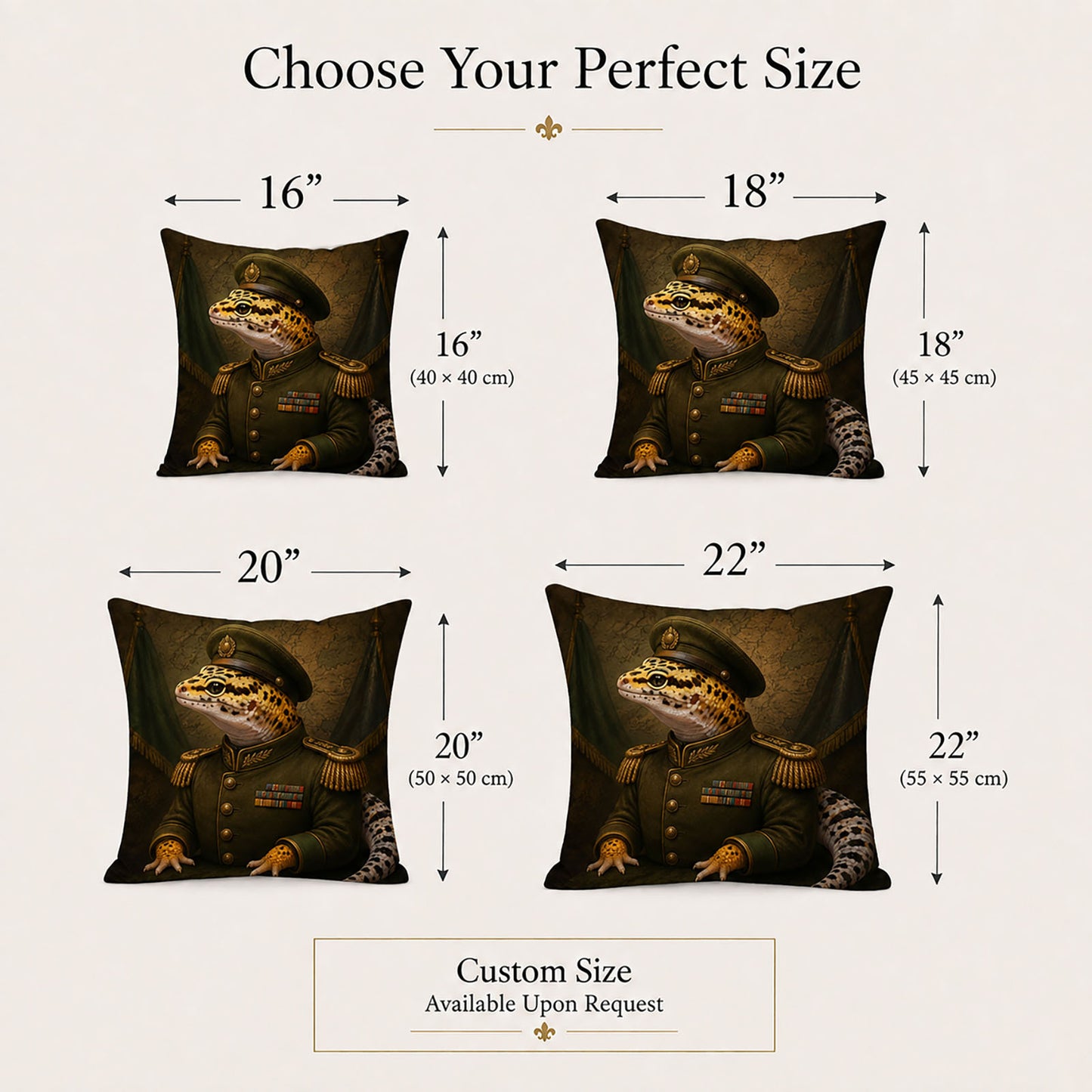 Personalized leopard gecko military portrait pillow cover available in 16, 18, 20 and 22 inch square sizes