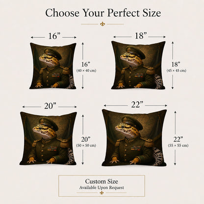 Personalized leopard gecko military portrait pillow cover available in 16, 18, 20 and 22 inch square sizes