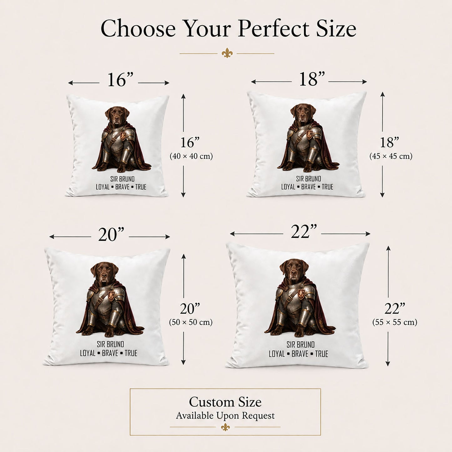 Made-to-order personalized pet pillow cover sizes in 16, 18, 20 and 22 inches, with bespoke sizing available upon request