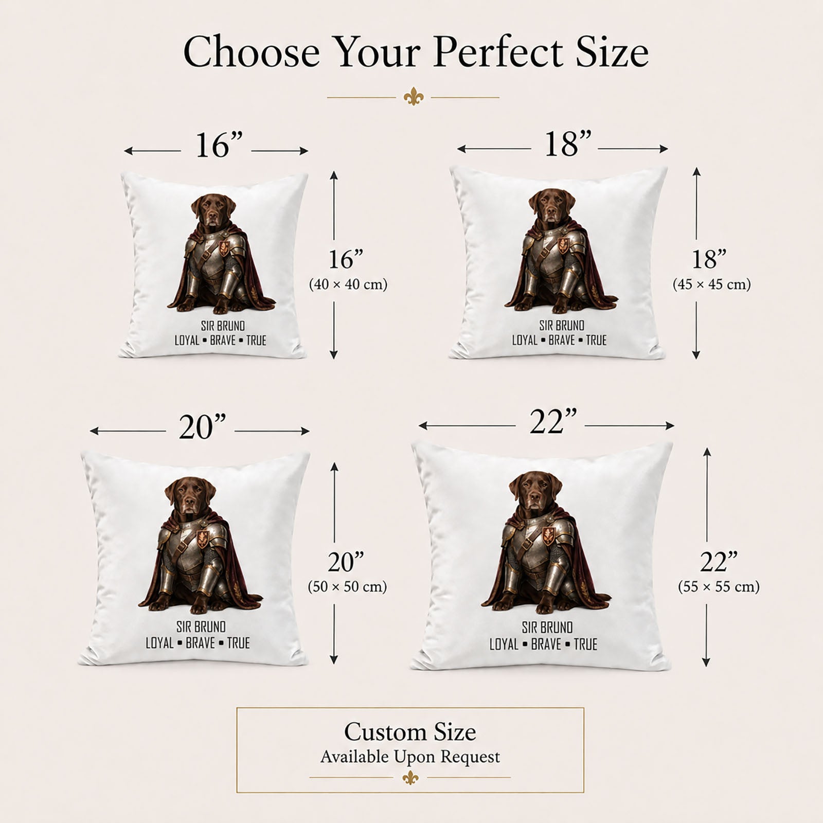 Made-to-order personalized pet pillow cover sizes in 16, 18, 20 and 22 inches, with bespoke sizing available upon request