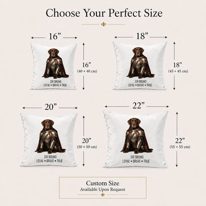 Made-to-order personalized pet pillow cover sizes in 16, 18, 20 and 22 inches, with bespoke sizing available upon request