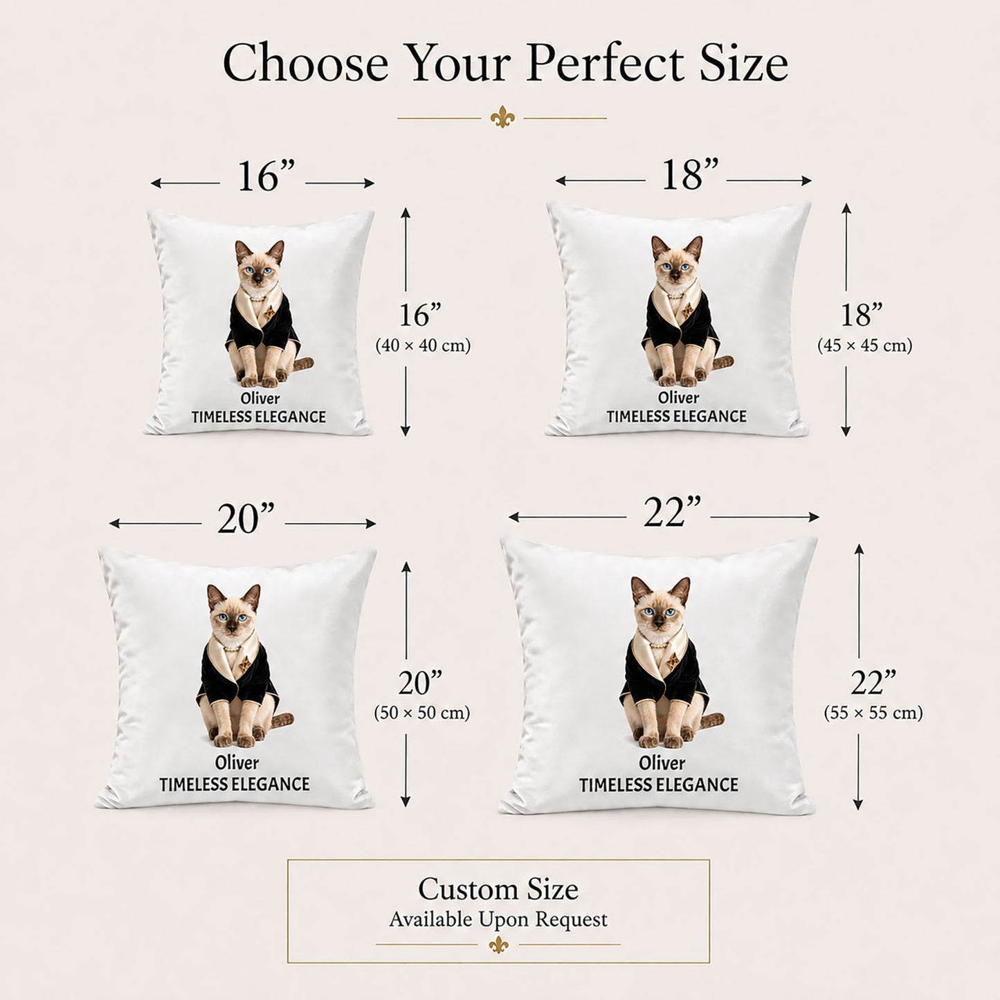 Made-to-order personalized pet pillow cover sizes in 16, 18, 20 and 22 inches, with bespoke custom sizing available upon request.