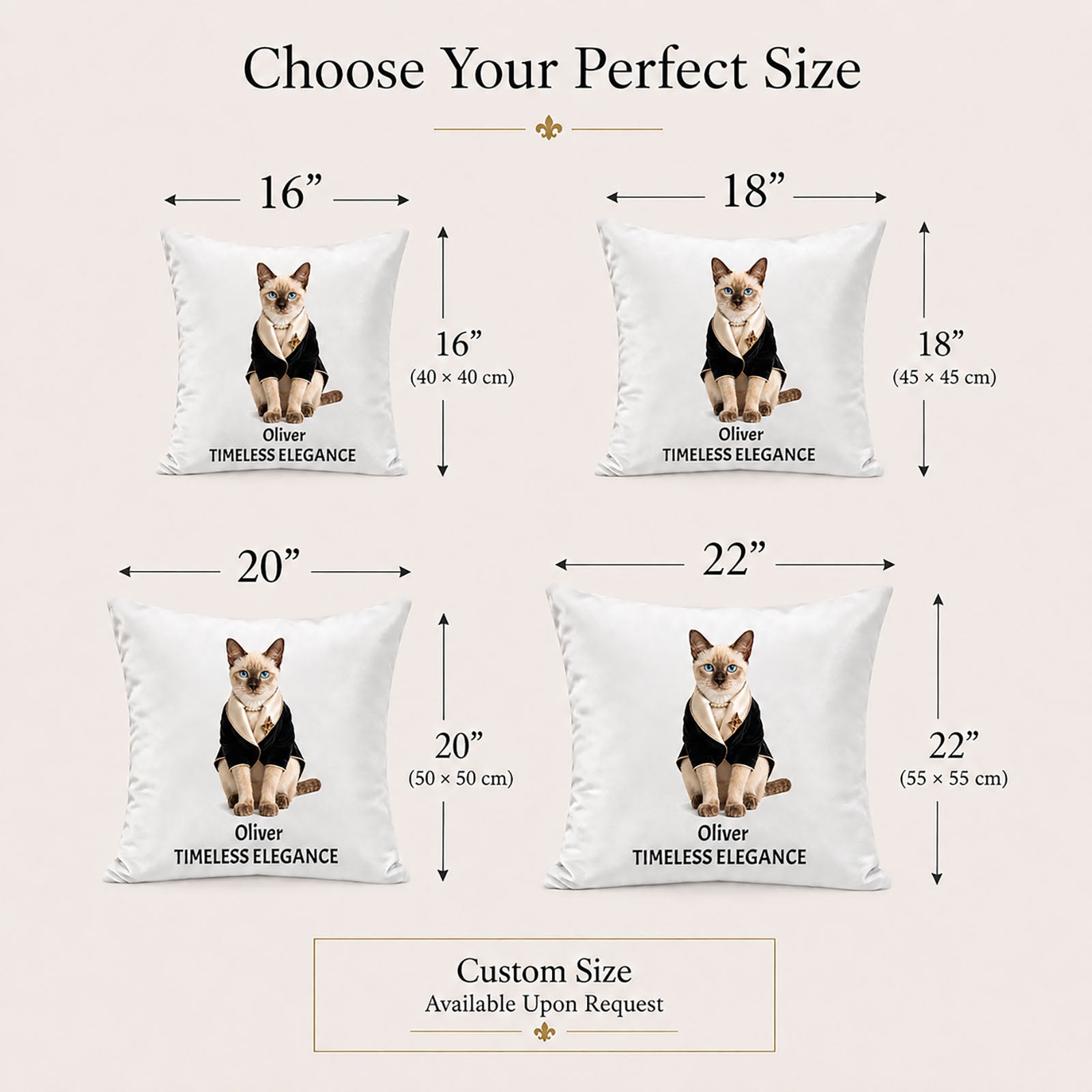 Made-to-order personalized pet pillow cover sizes in 16, 18, 20 and 22 inches, with bespoke custom sizing available upon request.