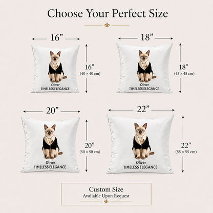 Made-to-order personalized pet pillow cover sizes in 16, 18, 20 and 22 inches, with bespoke custom sizing available upon request.
