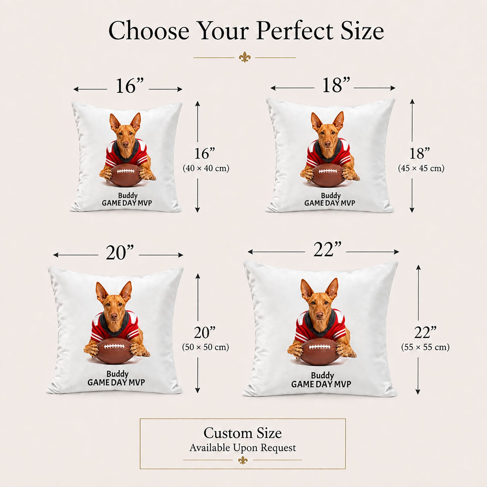 Personalized pet portrait pillow cover size options in 16, 18, 20 and 22 inches, with custom made-to-order sizing available.