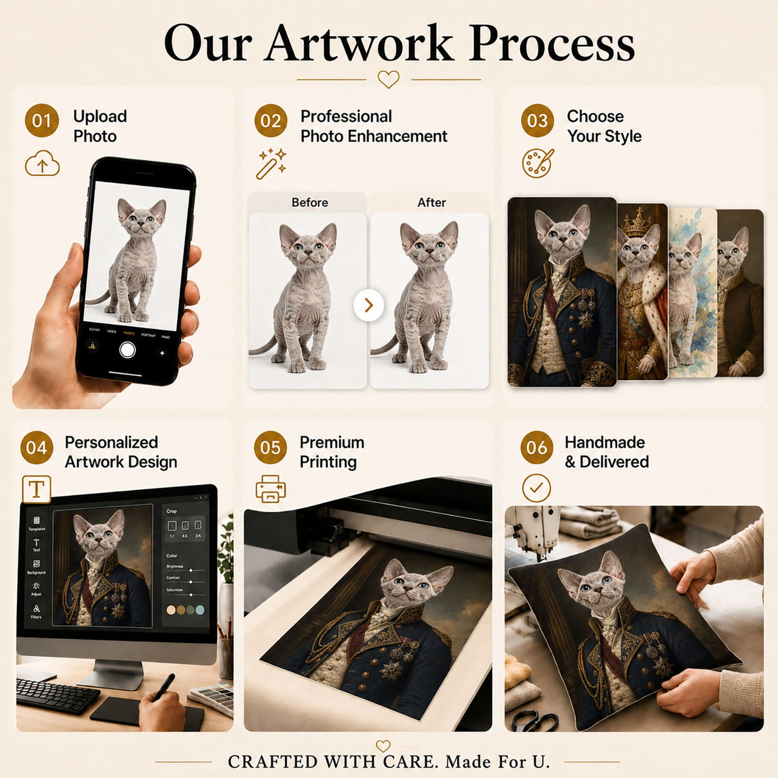 Custom pet photo pillow cover process from photo upload and professional enhancement to personalized artwork, printing and handcrafting