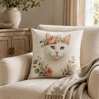 Personalized boho floral cat portrait pillow cover displayed on a neutral linen chair in an elegant, warm and timeless living space.