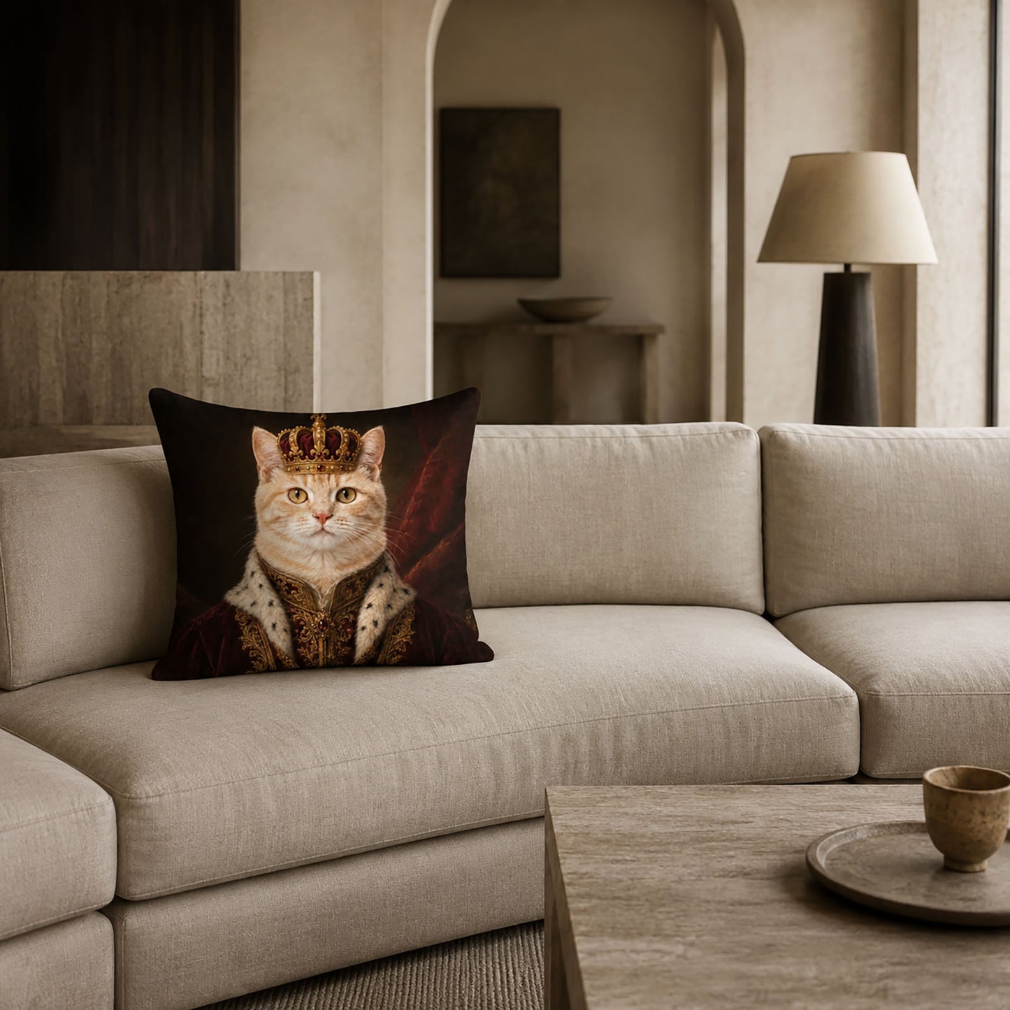 Custom royal cat portrait pillow displayed on an oatmeal linen sofa