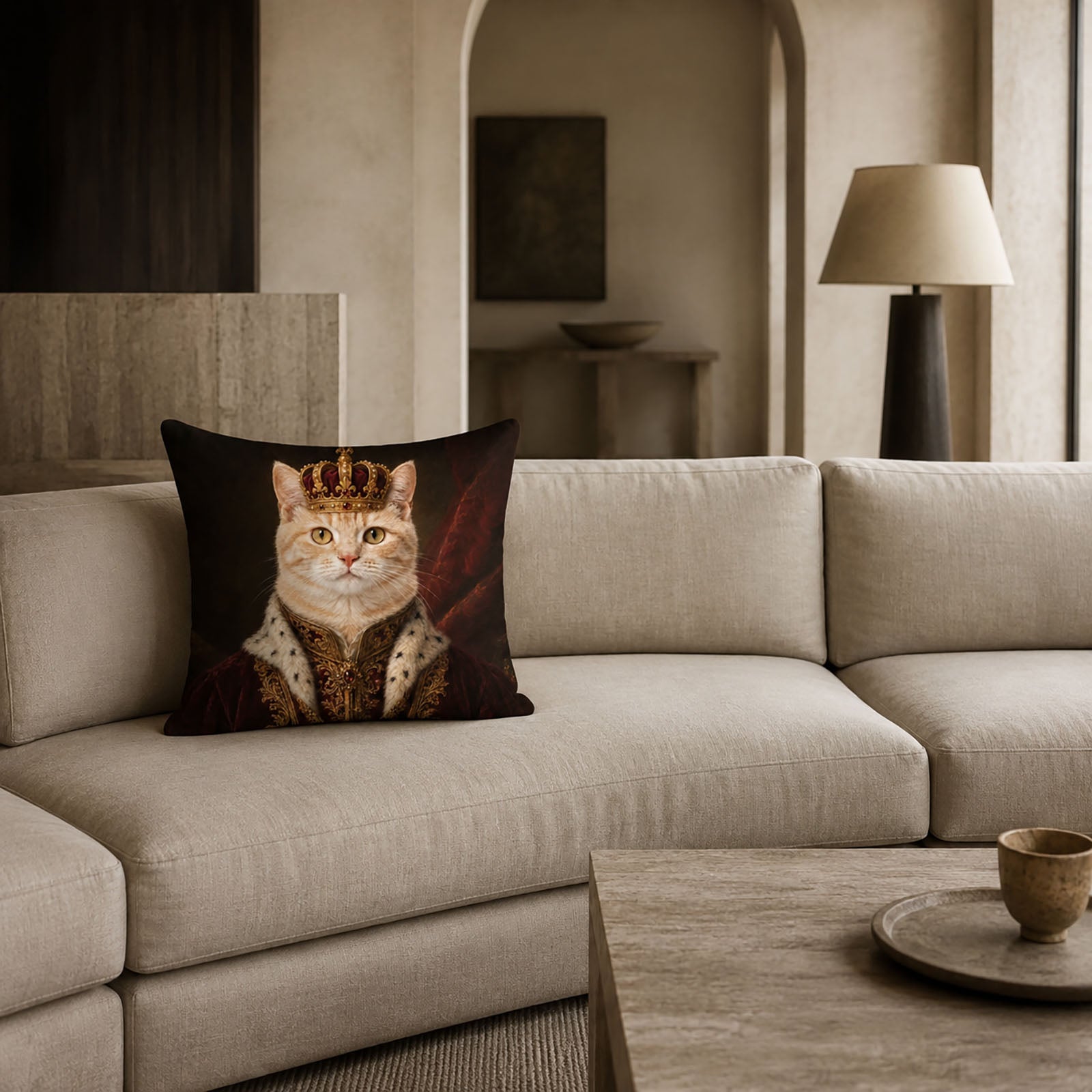 Custom royal cat portrait pillow displayed on an oatmeal linen sofa