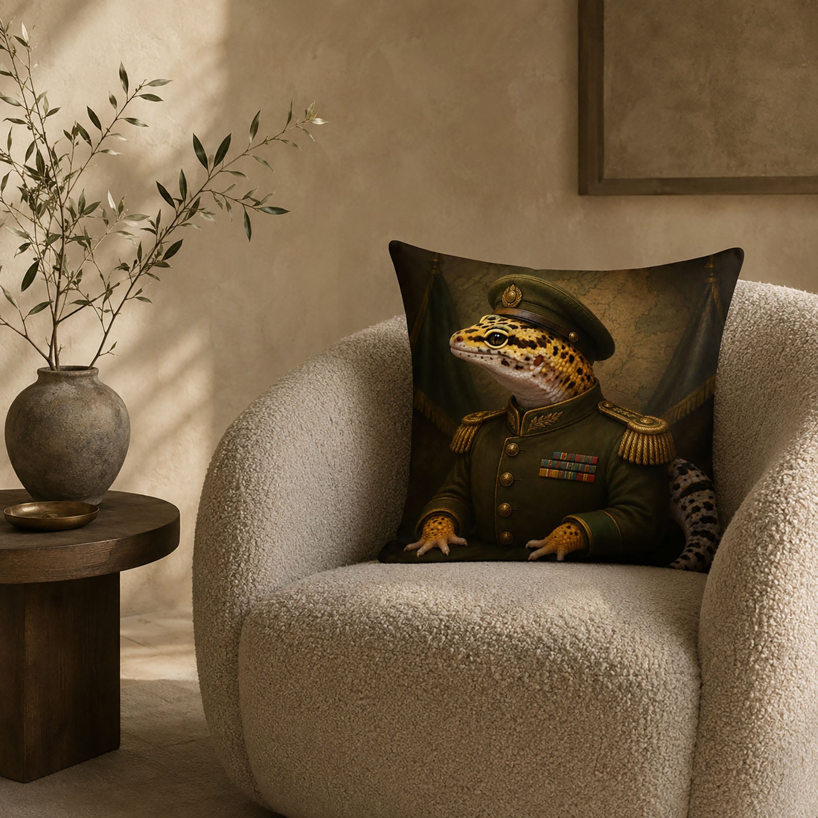 Custom leopard gecko military portrait pillow cover displayed on a neutral accent chair in an elegant modern living room