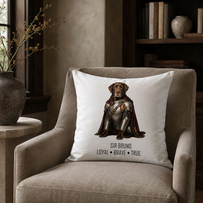 One-of-a-kind medieval knight dog portrait pillow cover displayed on an armchair as personalized luxury home décor
