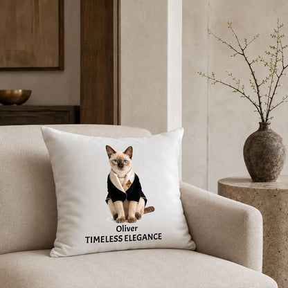 One-of-a-kind personalized cat portrait pillow cover displayed in an elegant neutral living room as a custom pet keepsake and home accent.