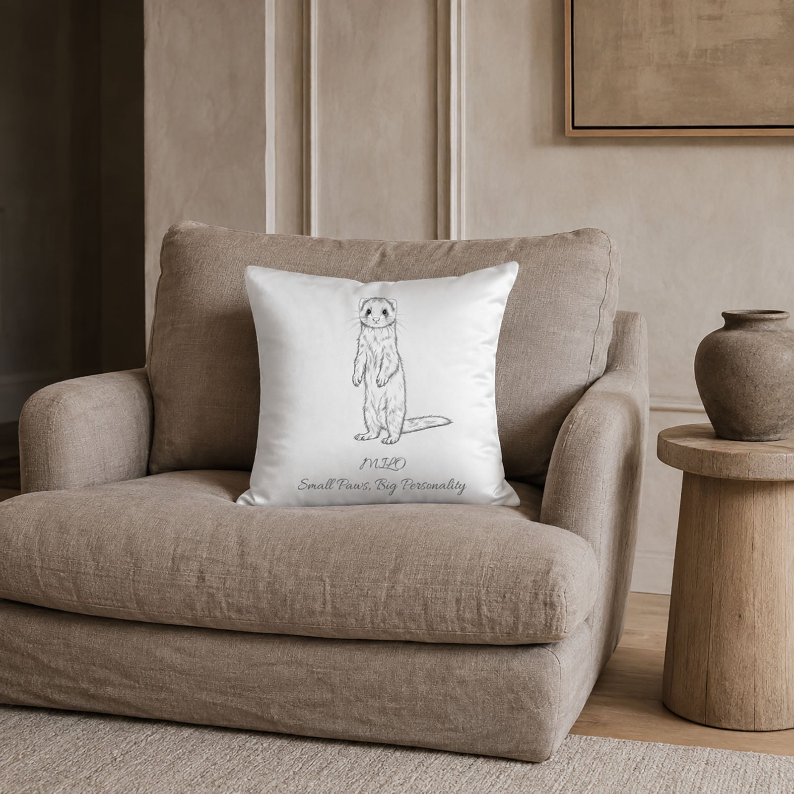 Personalized ferret portrait pillow cover displayed on a neutral linen chair in a premium living room