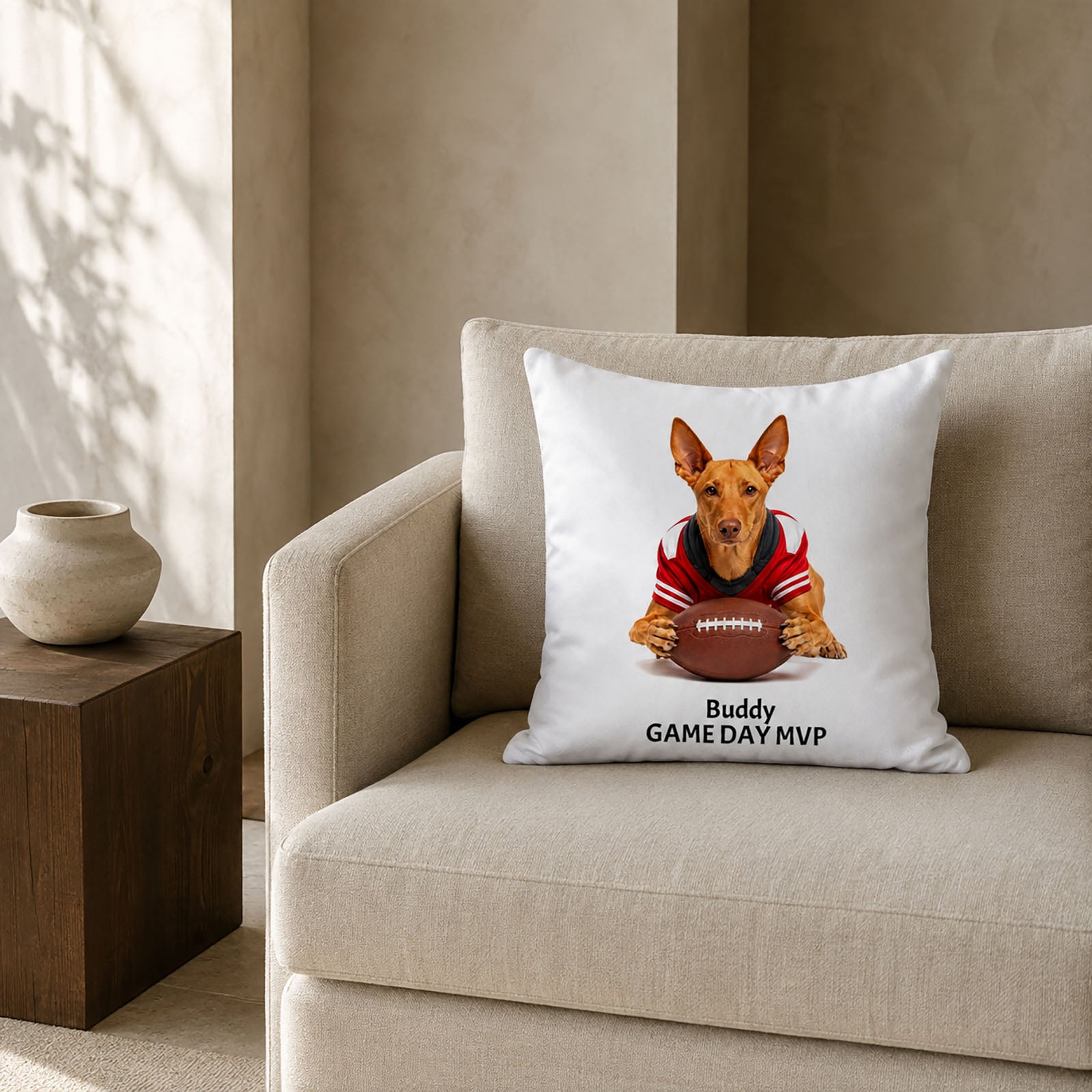 One-of-a-kind personalized football dog pillow cover displayed in an elevated neutral living room as a custom pet keepsake gift.